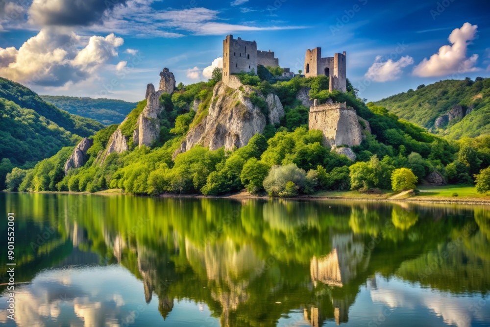 Majestic Devin Castle ruin stands tall at Danube confluence, its ancient grandeur mirrored perfectly in the serene river's calm waters, surrounded by lush greenery. Majestic Devin Castle ruin stands tall at Danube confluence, its ancient grandeur mirrored perfectly in the serene river's calm waters, surrounded by lush greenery.