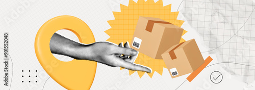 Trendy Halftone Collage Hand holding cardboard box from location pin. Shopping and delivery concept. Send parcel via courier. Surreal abstract banner. Contemporary vector illustration art