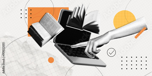 Trendy Halftone Collage Online education concept. Computer laptop with hand and floating books. News course, webinar. Smart thinking and brainstorming. Contemporary vector art illustration