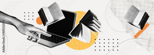 Trendy Halftone Collage Online education concept. Computer laptop with hand and floating books. News course, webinar. Smart thinking and brainstorming. Contemporary vector art illustration
