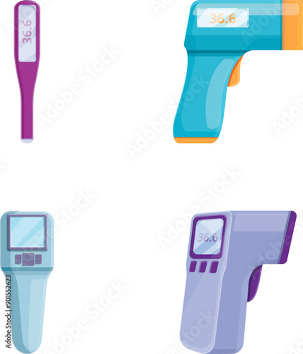 Modern thermometer icons set cartoon vector. Contact and contactless thermometer. Measuring device