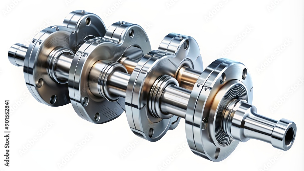 Detailed realistic illustration of a sleek chrome engine crankshaft with intricate mechanical components and precision engineering details. Detailed realistic illustration of a sleek chrome engine crankshaft with intricate mechanical components and precision engineering details.