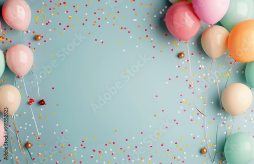 Colorful Balloons and Confetti on Blue Background