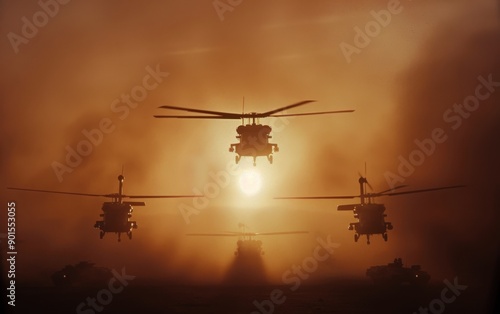 Helicopters Flying at Sunset