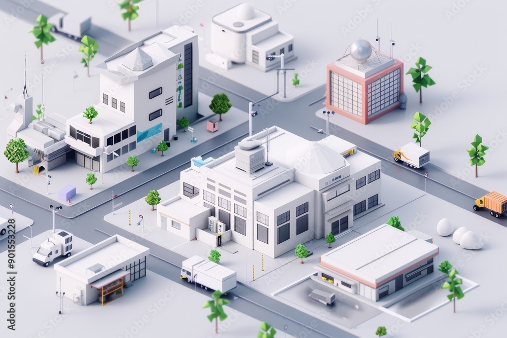 3D isometric cityscape with modern buildings, trees, vehicles, and roads showcasing urban planning and infrastructure. 3D isometric cityscape with modern buildings, trees, vehicles, and roads showcasing urban planning and infrastructure.