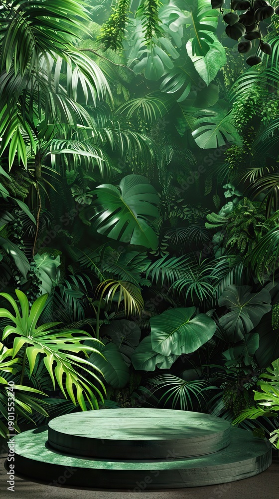 Tropical Rainforest with Podium for Product Display, Exotic Plants, Natural Outdoor Backdrop Tropical Rainforest with Podium for Product Display, Exotic Plants, Natural Outdoor Backdrop