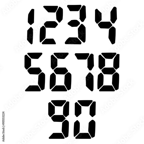 Outline hand drawing of digital numbers. Set of digital display digits. Black numbers, numerals. Scoreboard, clock, stopwatch, calculator, electronic meter. Seven segment. Vector doodle illustration