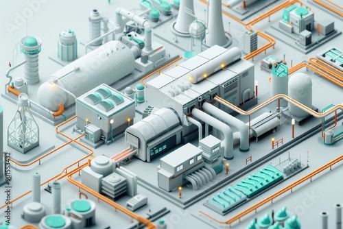 A detailed 3D rendering of a futuristic industrial complex with advanced machinery, pipes, and structures in various shades of green and gray.