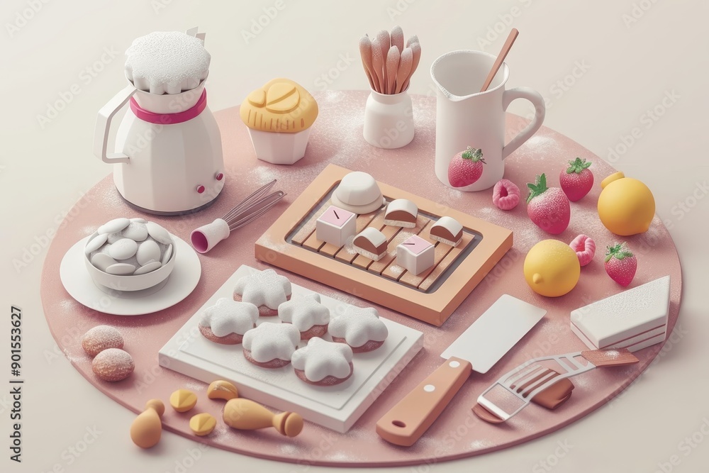 A pastel-themed kitchen set with various baking utensils, ingredients, and decor items on a round mat. A pastel-themed kitchen set with various baking utensils, ingredients, and decor items on a round mat.