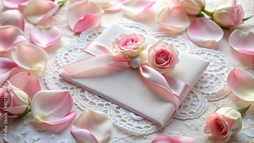 Delicate pink rose petals surround an elegant white wedding invitation adorned with intricate lace and satin ribbon on a soft backdrop. Delicate pink rose petals surround an elegant white wedding invitation adorned with intricate lace and satin ribbon on a soft backdrop.