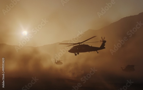 Black Hawk Helicopter Flying in Desert Dust at Sunset
