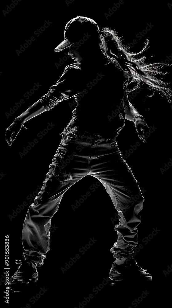 Silhouette of female street dancer in ripped jeans, black sneakers, baseball cap, arms outstretched, dynamic pose, cool vibe. Silhouette of female street dancer in ripped jeans, black sneakers, baseball cap, arms outstretched, dynamic pose, cool vibe.
