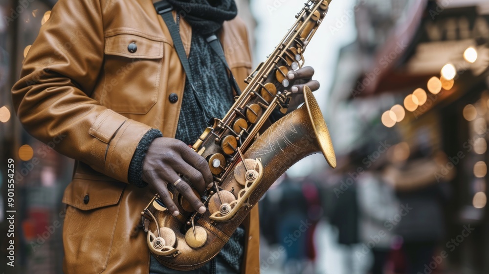 Fototapeta premium A street performer in a brown leather jacket plays a gold saxophone with a black scarf, creating a bokeh effect with changing lighting, emphasizing the contrast between the darker skin tone