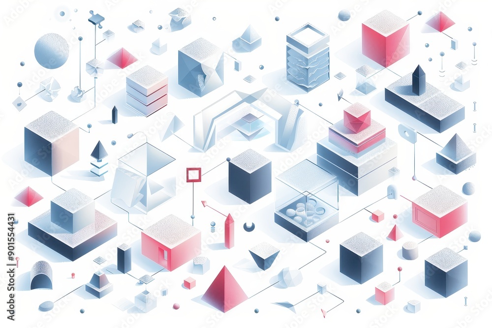 Abstract geometric shapes in soft hues of blue and red, creating a futuristic and minimalist design with 3D elements and various forms. Abstract geometric shapes in soft hues of blue and red, creating a futuristic and minimalist design with 3D elements and various forms.