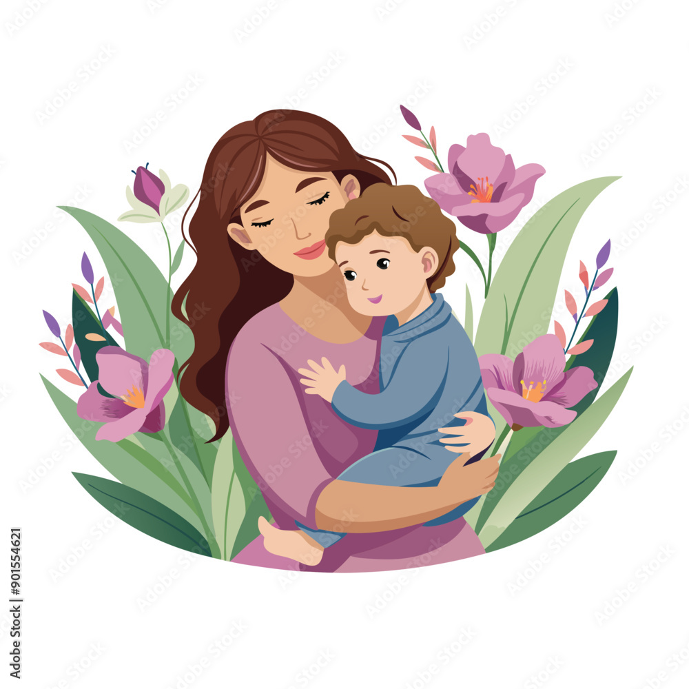 mother and a child hugging in a field of flowers mother and a child hugging in a field of flowers