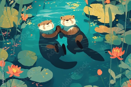 A pair of otters holding hands while floating in a pond