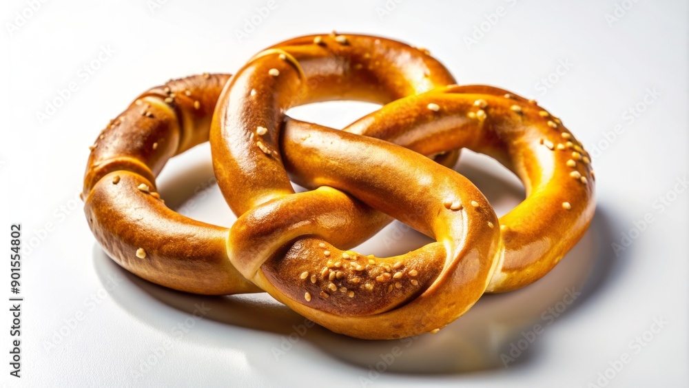 Golden pretzel twisted into a knotted shape, placed diagonally on a crisp white background, shadows accentuating its crunchy texture. Golden pretzel twisted into a knotted shape, placed diagonally on a crisp white background, shadows accentuating its crunchy texture.