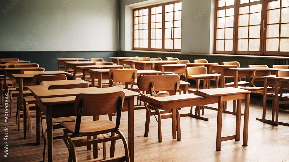 Back to school concept: empty classroom with wooden lecture desks and chairs in high school Back to school concept: empty classroom with wooden lecture desks and chairs in high school