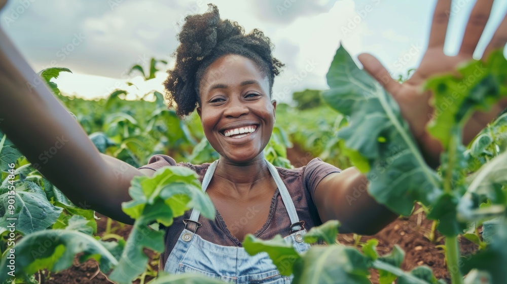 Farming, lady, and selfie for sustainable vegetable, plant, and harvest health. A joyful black woman, farm, eco-friendly vegetables, outdoor, and smiling Farming, lady, and selfie for sustainable vegetable, plant, and harvest health. A joyful black woman, farm, eco-friendly vegetables, outdoor, and smiling
