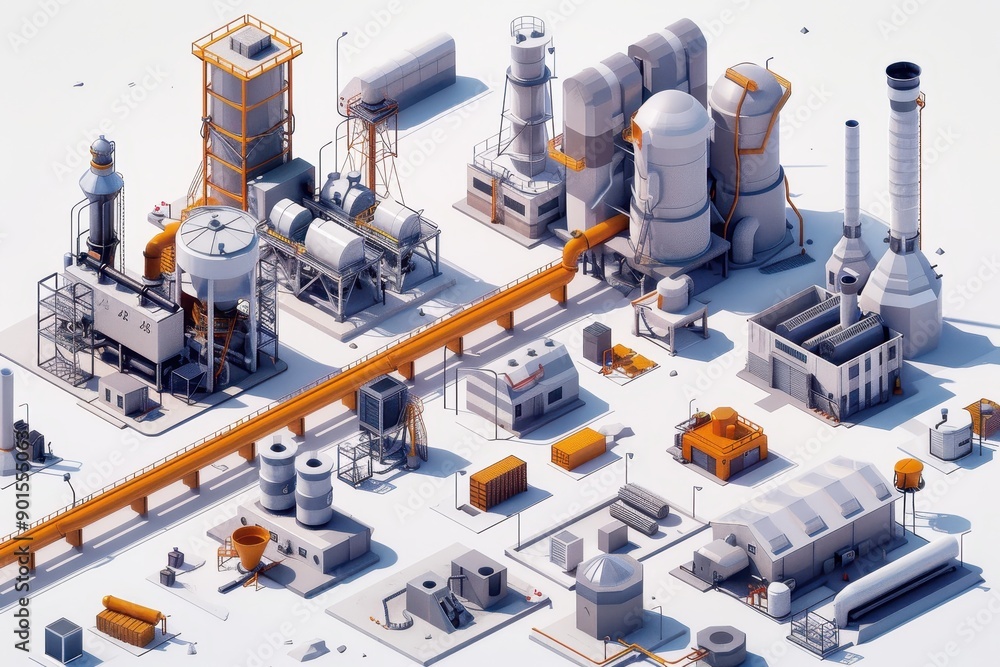 Aerial view of a modern industrial complex with various buildings, equipment, and infrastructure in a white background. Aerial view of a modern industrial complex with various buildings, equipment, and infrastructure in a white background.