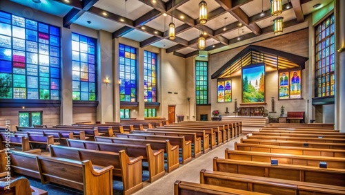 Modern church interior with sleek wooden pews, stained glass windows, and large screens displaying worship lyrics and sermon notes.