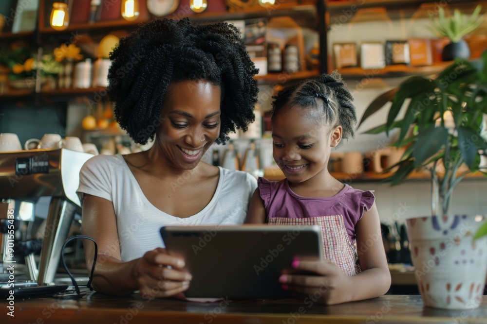 Video call, selfie, and tablet-using mother and daughter in a restaurant on social media, online, and coffee shop app. Kid, daughter, and child converse online with woman. Video call, selfie, and tablet-using mother and daughter in a restaurant on social media, online, and coffee shop app. Kid, daughter, and child converse online with woman.
