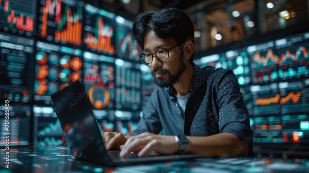 Focused Analyst Analyzing Financial Data on Laptop Surrounded by Digital Graphs and Charts in Modern Office Space. Generative AI Focused Analyst Analyzing Financial Data on Laptop Surrounded by Digital Graphs and Charts in Modern Office Space. Generative AI