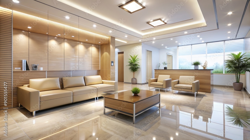 Modern empty waiting room with shiny floor, beige sofas, and wooden reception desk in a well-lit dental clinic lobby with a calm and peaceful atmosphere. Modern empty waiting room with shiny floor, beige sofas, and wooden reception desk in a well-lit dental clinic lobby with a calm and peaceful atmosphere.