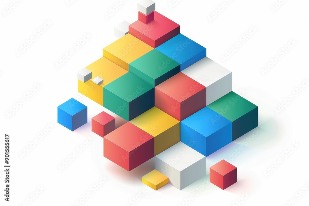 Obraz premium Colorful geometric 3D cubes arranged in abstract pyramid shape on white background. Modern design, vibrantly rendered in isometric style.