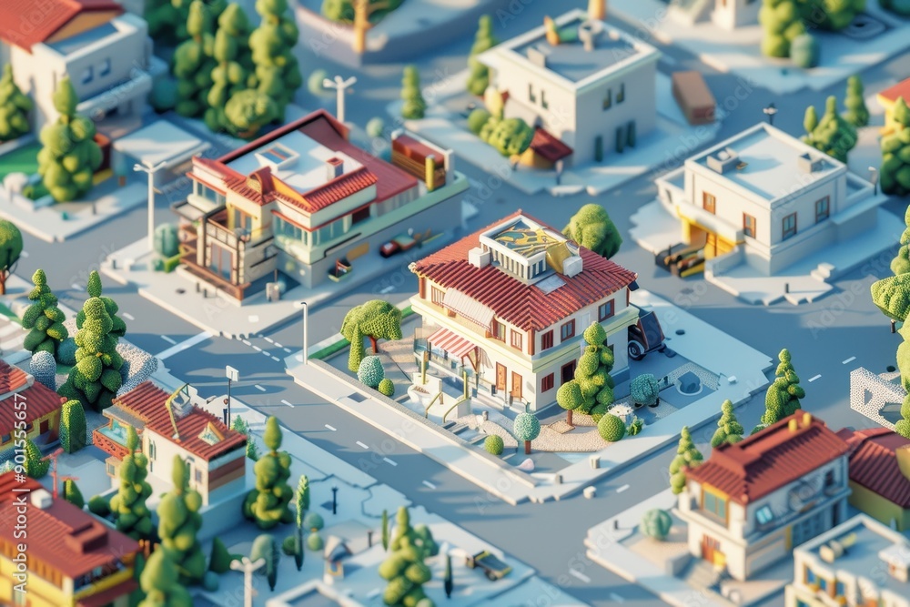 Fototapeta premium Colorful isometric cityscape with residential and commercial buildings, streets, and greenery in a calm neighborhood.