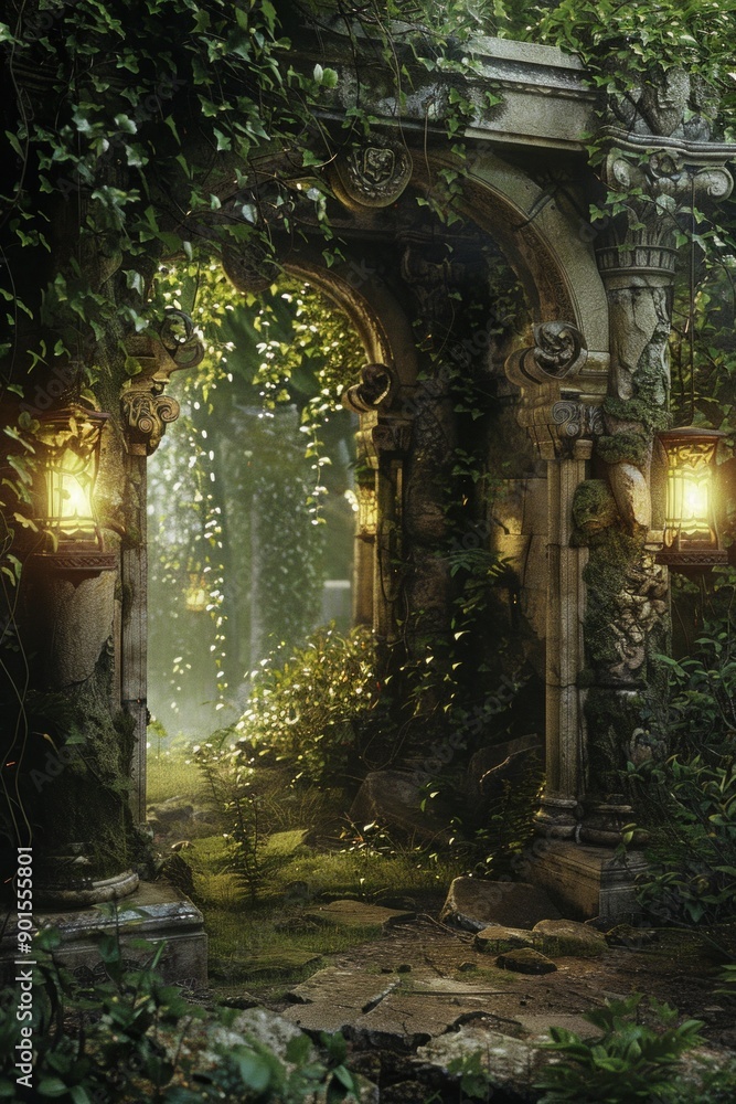 Obraz premium Enchanted Forest Ruins Frame with ancient stone ruins, overgrown with moss and vines, and softly glowing lanterns.