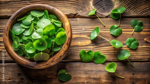 Delicate, rounded leaves of miners lettuce scattered across a rustic, wooden table, surrounded by earthy tones and natural textures, evoking simplicity. photo