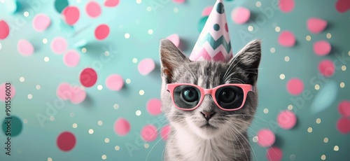 Cat Wearing Party Hat and Sunglasses