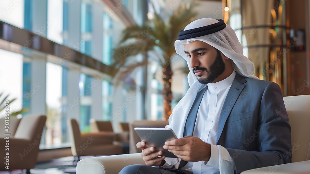 Luxury hotel lobby scene with an Arab businessman waiting and using a tablet to check email, reflecting a modern and professional setting Luxury hotel lobby scene with an Arab businessman waiting and using a tablet to check email, reflecting a modern and professional setting