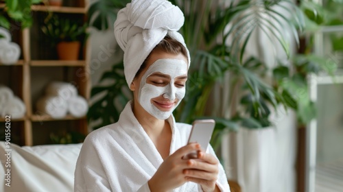 A woman uses her smartphone to critique cosmetics, blog, and research dermatology advantages. Cosmetics and girl updating morning results on phone