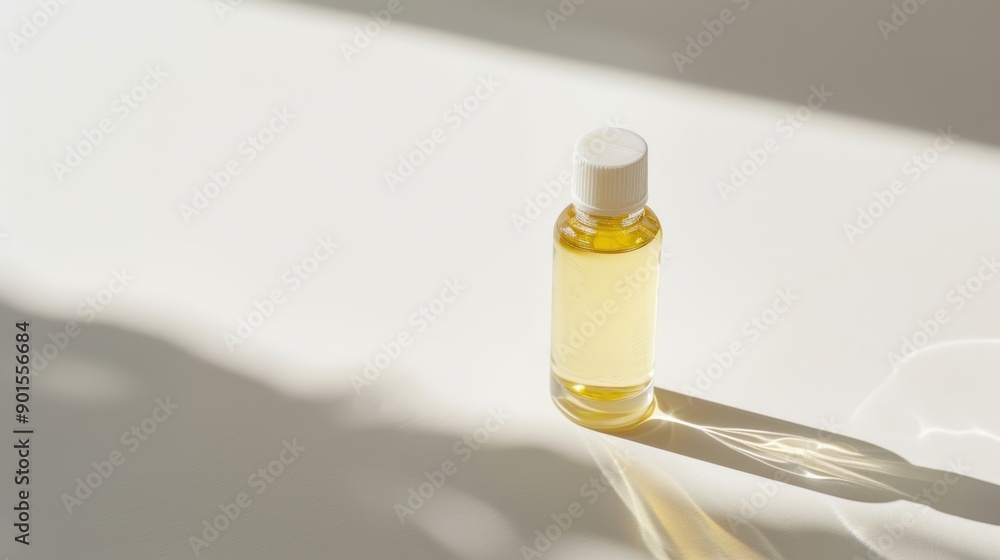 Naklejka premium Essential oil bottle casting a shadow on a white surface in natural light