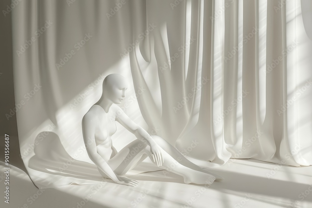 Minimalist white mannequin seated on floor with draped curtains and natural light shadows, creating an artistic and ethereal ambiance. Minimalist white mannequin seated on floor with draped curtains and natural light shadows, creating an artistic and ethereal ambiance.