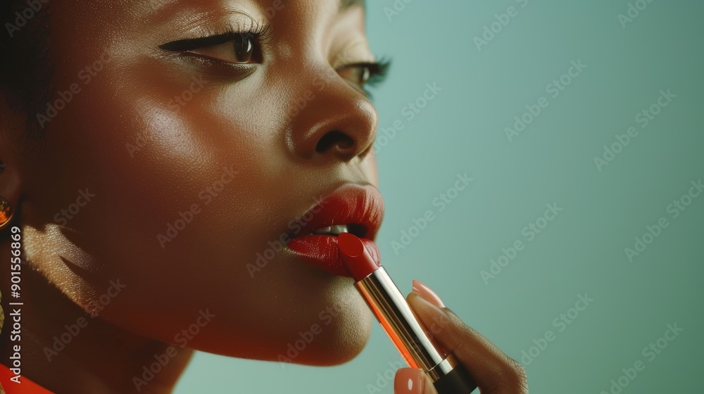 Fototapeta premium Makeup, black woman with lipstick closeup, face profile with cosmetics promotion against studio background. Beauty mock-up to promote healthy skin, lips, and wellness