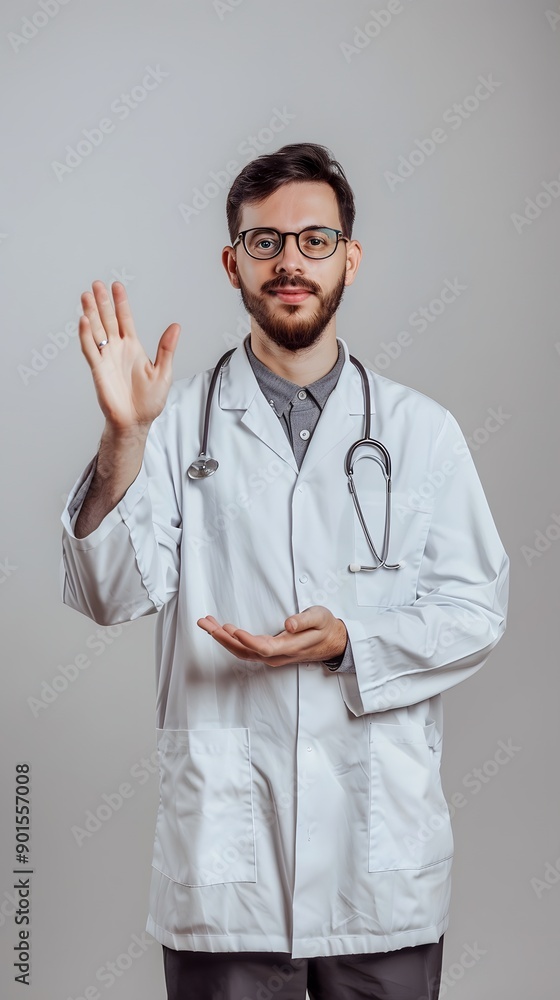 Photo of doctor man hold hand demonstrate product empty space isolated grey color background Photo of doctor man hold hand demonstrate product empty space isolated grey color background