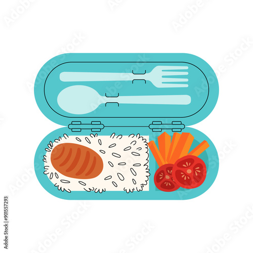 School lunchbox with cutlery, top view illustration. Ready meal takeaway collection. Children tray with vegetables and cutlet with rice. Hand drawn bento boxes. Cute healthy food. Vector illustration.