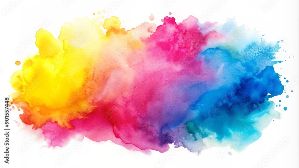 Vibrant, abstract watercolor stain with blended hues of pink, blue, and yellow, spreading organically on a crisp white background, perfect for creative designs. Vibrant, abstract watercolor stain with blended hues of pink, blue, and yellow, spreading organically on a crisp white background, perfect for creative designs.