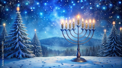 Vibrant Hanukkah pattern illuminates a serene winter night landscape with snowflakes gently falling around a majestic menorah centerpiece amidst twinkling stars. photo