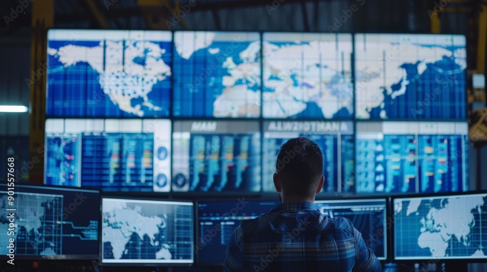 Logistics coordinator tracking shipments on multiple screens Logistics coordinator tracking shipments on multiple screens