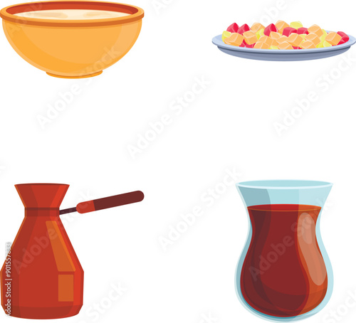 Turkish sweet icons set cartoon vector. Turkish traditional food. Oriental meal