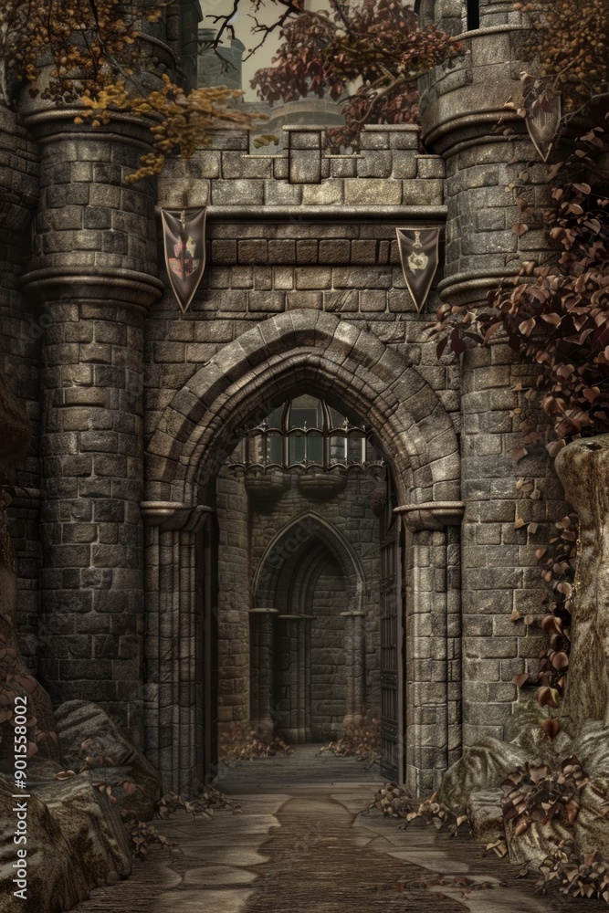 Fototapeta premium Fantasy Castle Gate Frame. A frame of towering stone gates, intricate carvings, and fluttering banners.