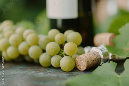 Green Grapes and Cork on Wooden Table