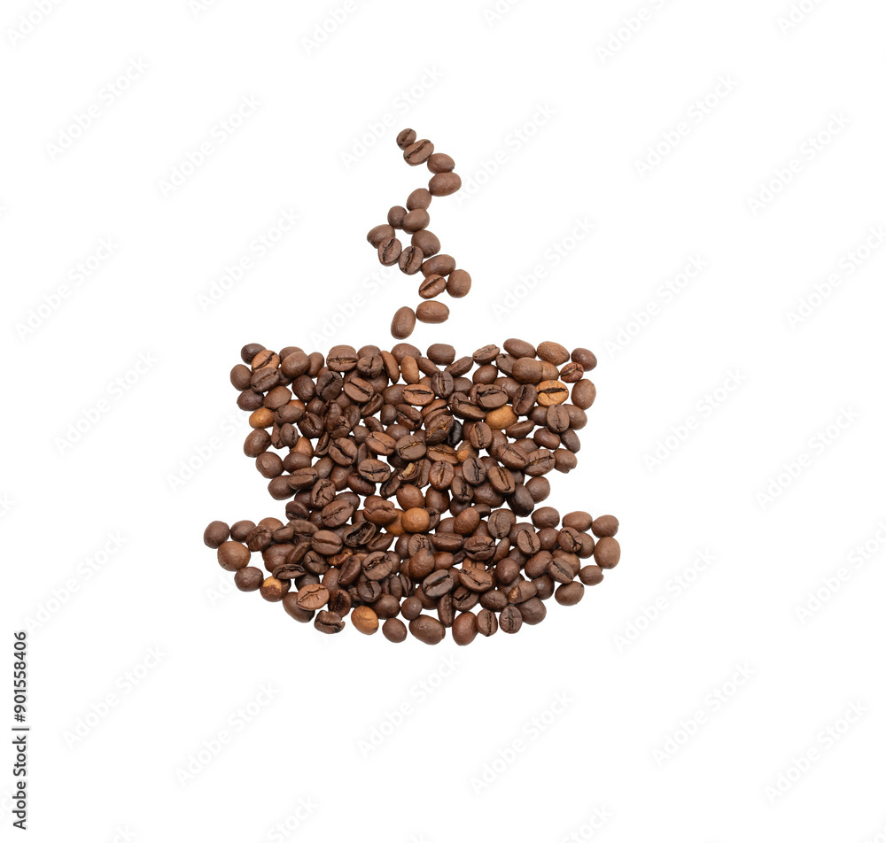 A cup and saucer lined with coffee beans on an isolated background A cup and saucer lined with coffee beans on an isolated background