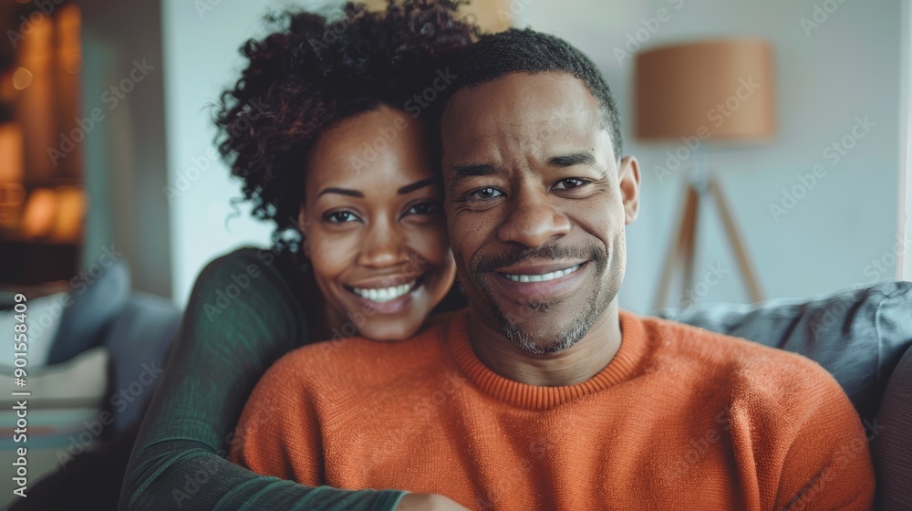 A cheerful couple on a sofa in their trendy living room. Cheerful, mature woman caressing her hubby from behind on the couch at home. A cheerful couple on a sofa in their trendy living room. Cheerful, mature woman caressing her hubby from behind on the couch at home.