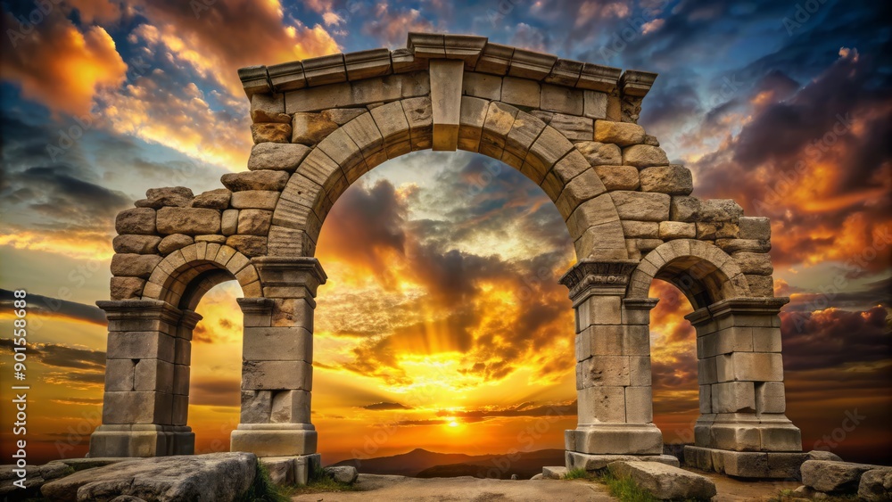 Obraz premium Ancient stone archway with Roman numerals I, V, X, and L inscribed above, set against a dramatic cloudy sky at sunset.