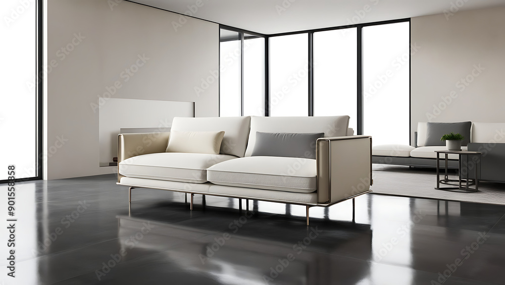 Fototapeta premium Modern Minimal clean clear contemporary white fabric sofa and pillows, modern interior